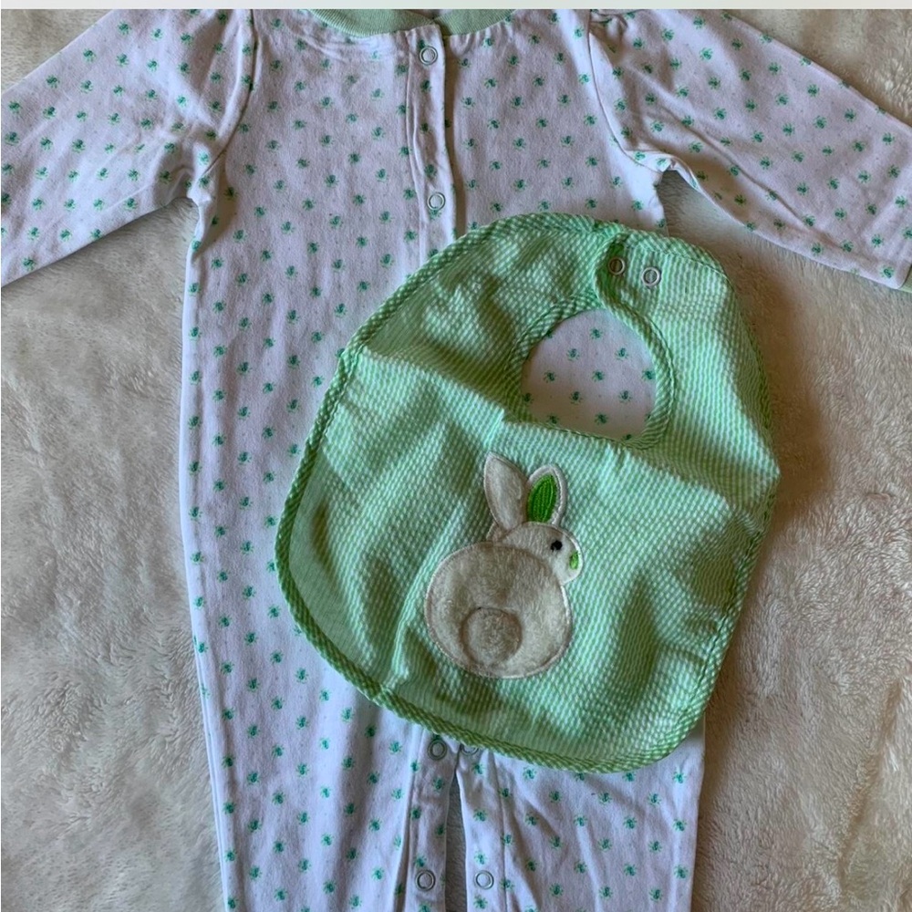 Green and White Footies One Piece with Snap Closures